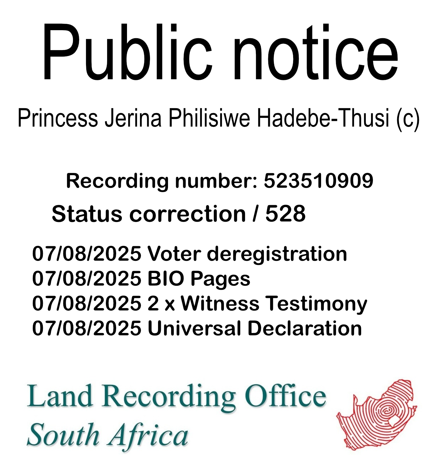 Public notice Princess Jerina Philisiwe Hadebe-Thusi (c) Recording number 523510909